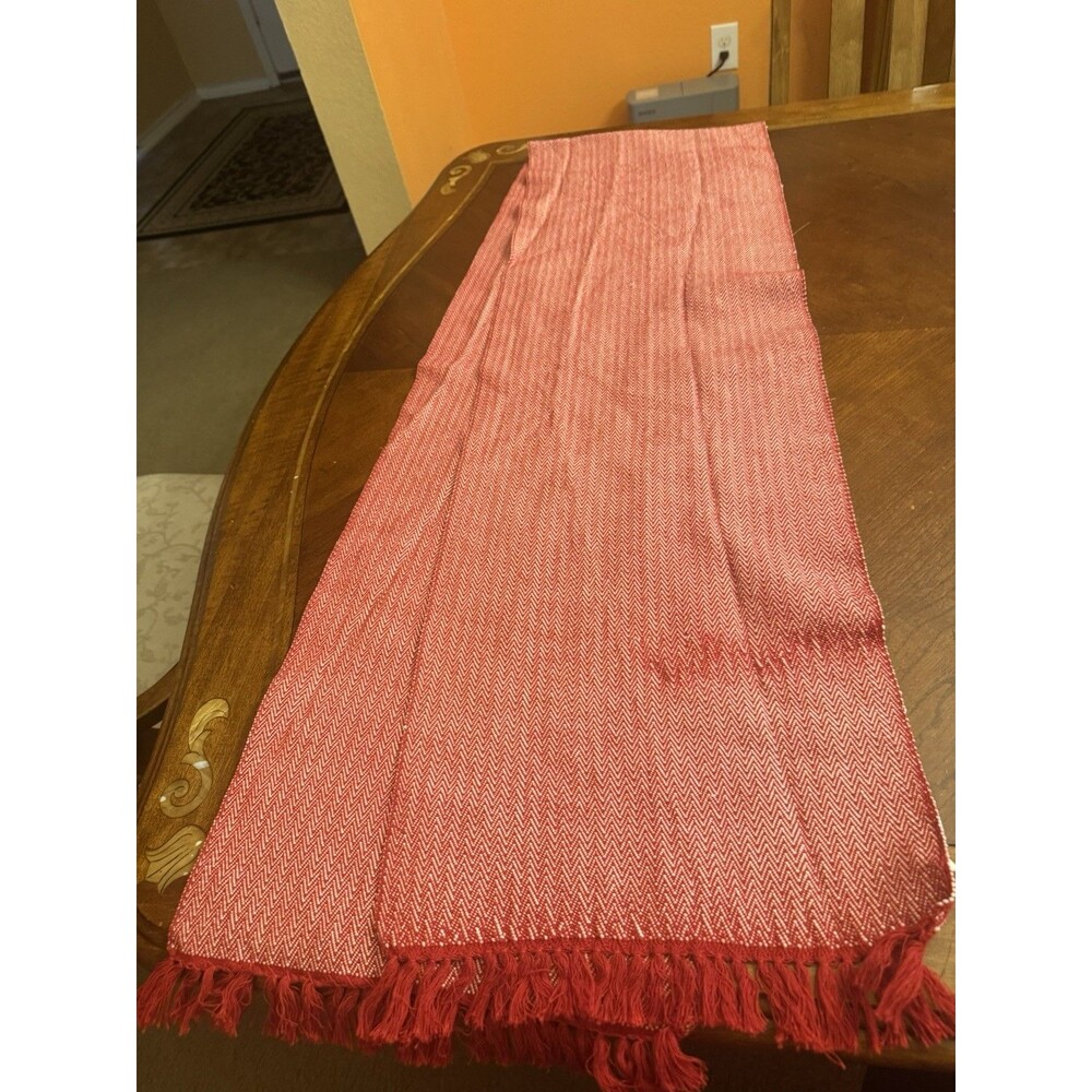 At Home Pink Coral Woven Cotton Table Runner with Loop Fringe (72” X 14”)